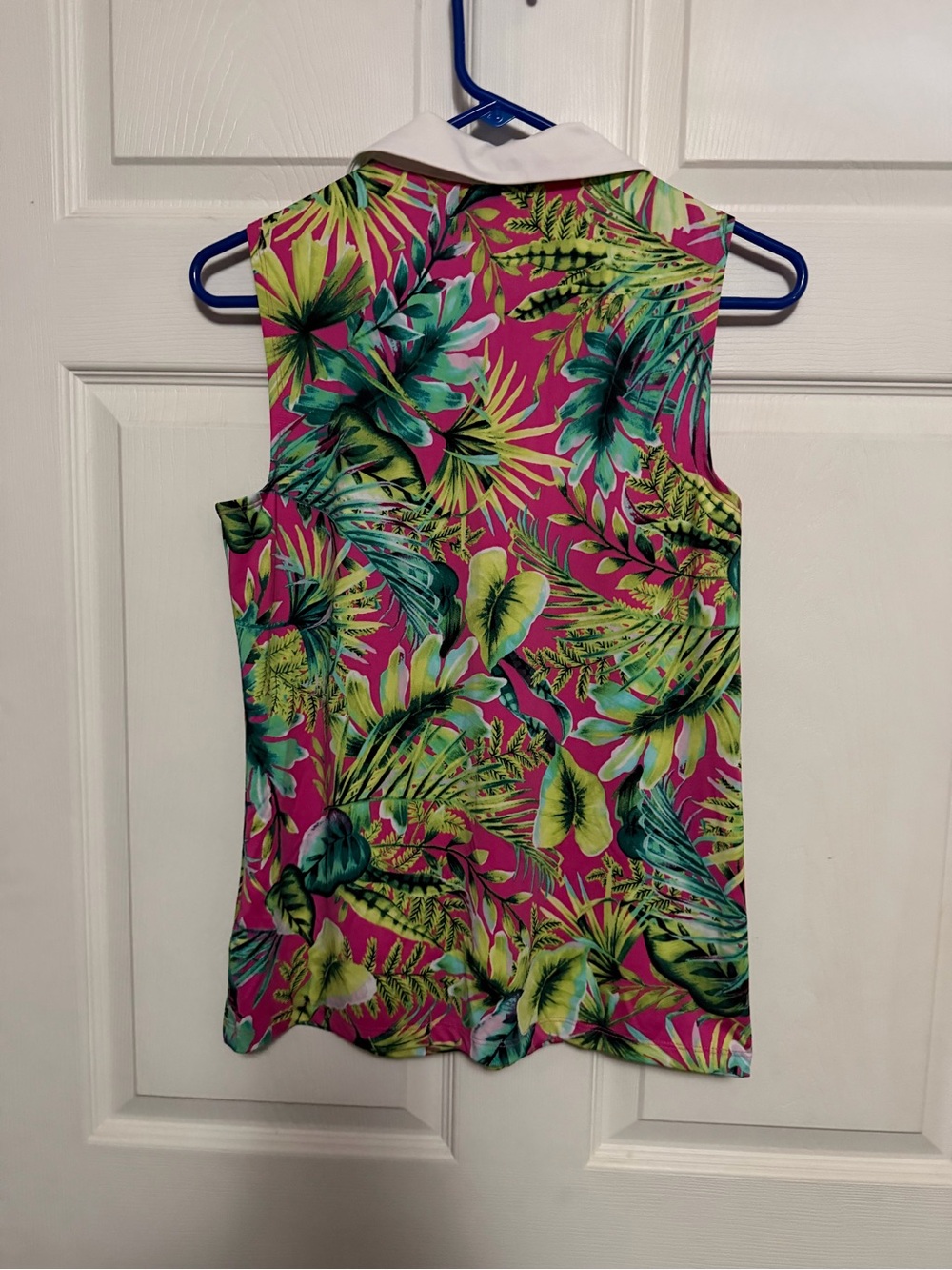 Tommy Bahama Hot Pink Tropical Print Sleeveless Polo with White Collar - Picture 3 of 3